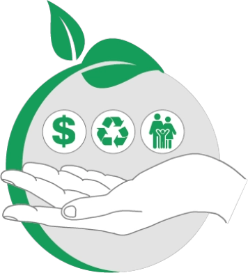 Illustration einer Hand mit Nachhaltigkeitssymbolen
